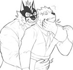 anthro clothing duo grin hug hugging_another hugging_from_behind male mask necktie one_eye_closed smile suit superhero wink nikukyu299paw lifewonders live_a_hero dog_operator protagonist_(live_a_hero) ryekie_(live_a_hero) canid canine canis domestic_dog felid mammal pantherine tiger monochrome