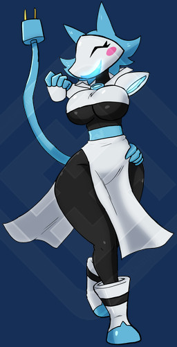 anthro big_breasts blue_hair blush breasts cable_tail electrical_cord electrical_plug electrical_plug_tail eyes_closed female hair hand_on_hip machine smile solo tail under_boob wide_hips diamond_grenadier deltarune undertale_(series) tasque_manager darkner robot alpha_channel hi_res