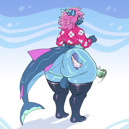 animal_genitalia animal_penis anthro balls becoming_erect big_balls big_butt big_penis big_tail blue_body blue_penis bottom_heavy butt butt_grab butt_slap butt_squish clothing equine_genitalia equine_penis erection femboy genitals green_eyes hair hand_on_butt huge_butt latex latex_clothing latex_legwear legwear looking_at_viewer male multicolored_body nude penis pink_clothing pink_hair shy simple_background slap solo squeezing squish tail thick_tail thick_thighs wide_hips spicyniko mythology slip_(sky) aquatic dragon fish hybrid mythological_creature mythological_scalie scalie shark 1:1 2026 digital_media_(artwork) hi_res