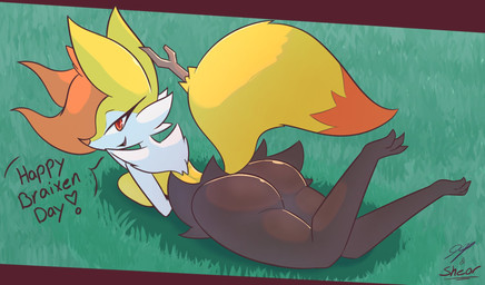 3_toes anthro anthrofied bedroom_eyes bent_legs big_breasts biped black_body black_butt black_feet black_fur black_legs breast_squish breasts butt cheek_tuft chest_tuft dialogue emphatic_heart eyelashes facial_tuft fangs feet female fur glistening glistening_butt grass half-closed_eyes heart_symbol inner_ear_fluff looking_at_viewer looking_back looking_back_at_viewer lying multicolored_body narrowed_eyes nude object_in_tail on_front on_grass on_ground open_mouth orange_inner_ear_fluff orange_tail partial_speech_bubble plant pointy_nose pokemorph raised_tail red_eyes seductive smile solo squish stick stick_in_tail tail talking_to_viewer teeth text thick_thighs toes tongue tuft two_tone_tail white_arms white_body white_fur yellow_body yellow_breasts yellow_ears yellow_fur yellow_tail dex0codex sheor nintendo pokemon braixen canid canine generation_6_pokemon mammal pokemon_(species) 2025 artist_collaboration digital_media_(artwork) english_text hi_res signature translated