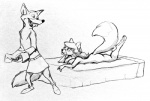 anthro bed dressing duo female furniture lying male nude op80918 disney robin_hood_(disney) talespin katie_dodd robin_hood canid canine fox mammal red_fox true_fox black_and_white crossover monochrome