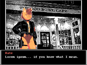 3_fingers anthro black_clothing black_jacket black_topwear clothed clothing detailed_background dialogue eyebrows facial_scar fangs fingers fur gun gynomorph hair holster holstered_pistol inner_ear_fluff inside intersex jacket leg_scar narrowed_eyes orange_body orange_fur ranged_weapon red_clothing red_hair red_underwear scar sharp_teeth shirt solo standing teeth text text_box topwear tuft underwear user_interface weapon white_clothing white_inner_ear_fluff white_shirt white_topwear gaydottiff kate_(gaydottiff) domestic_cat felid feline felis mammal 2025 english_text restricted_palette trans_(lore) trans_woman_(lore)