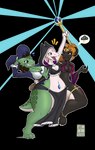 anthro black_body breasts clothing conjoined female green_body green_scales hand_on_hat hat headgear headwear holding_object holding_staff on_one_leg open_mouth scales smile staff standing white_body witch_hat moldyloam kobold scalie 2023 alpha_channel hi_res