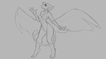 16:9 2019 4_fingers anthro avian beak breasts chest_tuft digital_drawing_(artwork) digital_media_(artwork) digitigrade female fingers genitals grey_background gryphon monochrome mythological_avian mythological_creature mythology navel nipples pussy simple_background sketch smile solo standing tail tuft watsup widescreen wings