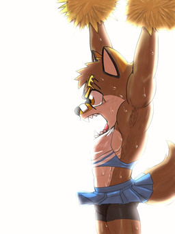 abs adolescent anthro armpit_hair bodily_fluids body_hair cheerleader_outfit clothed clothing crossdressing male muscular muscular_male muscular_young pecs pom_poms scar solo sweat young sakai_(artist) taisei_yotsukado canid canine canis mammal wolf