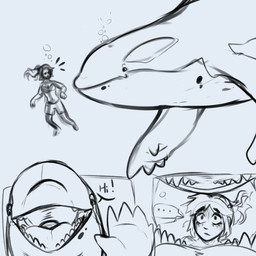 bubble clothed clothing cutaway duo eyelashes female female_human front_view mouth_closed open_mouth open_smile semi-anthro side_view slim_female slim_human smile text underwater water swampjaws aquatic cetacean dolphin human mammal oceanic_dolphin orca toothed_whale 1:1 comic english_text hi_res monochrome sketch