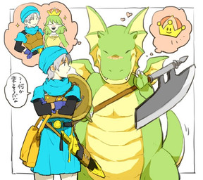 alternate_species anthro armor axe black_sleeves blue_clothing blue_gloves blue_handwear blue_hat blue_headwear blush blush_lines body_armor claws clothing crown duo eyes_closed fangs female gloves green_body hair handwear hat head_wings headgear headwear heart_symbol hearts_around_head humanized imagining male male/female melee_weapon membrane_(anatomy) membranous_wings pointy_ears scabbard shield simple_background sparkles speech_bubble super_crown sword teeth text thought_bubble unusual_wing_placement weapon white_background white_claws white_hair wings haruno77 dragon_quest dragon_quest_vi mario_bros mythology nintendo square_enix lizzie_(dragon_quest) terry_(dragon_quest) battlerex dragon hacksaurus human mammal mythological_creature mythological_scalie scalie japanese_text meme