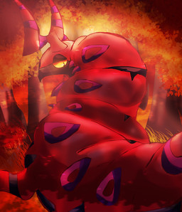 afternoon ambiguous_feral ambiguous_gender antennae_(anatomy) black_body black_eyes black_markings detailed_background feral forest grass horn leaf light markings overweight overweight_ambiguous overweight_feral plant purple_markings red_body shadow solo tree yellow_sclera felipotyphlosion nintendo pokemon arthropod generation_5_pokemon myriapod pokemon_(species) scolipede hi_res