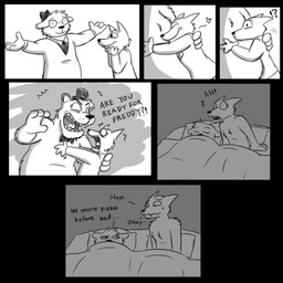 alternate_species anthro anthrofied bed bow_(feature) bow_tie canon_couple clothed clothing dream duo eyes_closed eyewear fur furniture furrification glasses hat headgear headwear heart_symbol humor inside interrobang interspecies male male/male necktie nightmare nude open_mouth pillow romantic romantic_couple scared sleeping teeth text tongue tongue_out topless wolfscar2810 five_nights_at_freddy's night_in_the_woods scottgames angus_delaney freddy_(fnaf) gregg_lee bear canid canine fox mammal 1:1 2017 comic crossover english_text greyscale monochrome unavailable_at_source