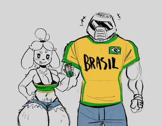 anthro biceps big_breasts blush brazil brazilian breasts chest_tuft crotch_tuft female forearm_muscles grey_background guarana_soda huge_breasts huge_thighs male muscular muscular_male pube_peek pubes simple_background thick_thighs thong_straps tuft ketsui animal_crossing doom_(series) guarana_antarctica id_software microsoft nintendo doom_slayer isabelle_(animal_crossing) canid canine canis domestic_dog human mammal hi_res meme tagme