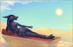 4_toes 5_fingers anthro black_hair breasts day detailed_background feet female fingers hair nipples nude outside sky solo toes viwrastupr carbene_(viwrastupr) canid canine canis jackal mammal 2022 absurd_res digital_media_(artwork) hi_res