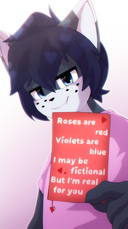 anthro bite biting_lip clothed clothing cute_fangs daww fangs freckled_face freckles hair heart_symbol holding_card holding_object holidays male roses_are_red self_bite shirt solo t-shirt teeth text topwear valentine's_day_card eipril valentine's_day rouen_(eipril) domestic_cat felid feline felis mammal 2026 9:16 hi_res