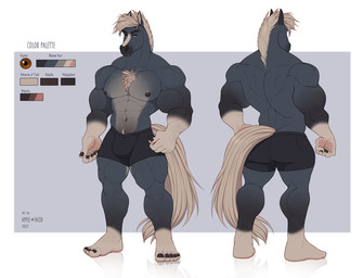 anthro arm_hair black_bottomwear black_clothing black_nipples blue_body body_hair bottomwear brown_eyes bulge chest_hair clothed clothing front_view gloves_(marking) hair leg_hair leg_markings looking_at_viewer male markings mouth_closed muscular muscular_anthro muscular_male navel nipples rear_view simple_background socks_(marking) solo standing tail tan_hair tan_tail text topless white_body apple-faced draft_horse equid equine horse mammal 2022 artist_name dated english_text hi_res model_sheet