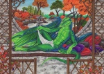 anthro art_nouveau claws horn japanese_garden looking_at_viewer male membrane_(anatomy) membranous_wings pillow plant reclining solo suggestive tail wings nelena european_mythology mythology naut dragon mythological_creature mythological_scalie scalie western_dragon