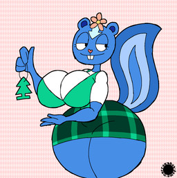 4_fingers anthro big_breasts blue_body blue_fur bottomwear breasts buckteeth clothing countershade_face countershade_tail countershading curvy_figure eyelashes female fingers flower_on_head fur heart_nose heart_symbol hourglass_figure logo pattern_bottomwear pattern_clothing pattern_skirt plaid plaid_bottomwear plaid_clothing plaid_skirt shirt skirt solo spherical_breasts tail teeth text thick_thighs topwear wide_hips thatdawgmurray happy_tree_friends petunia_(htf) mammal mephitid skunk aliasing artist_logo artist_name digital_media_(artwork) hi_res signature