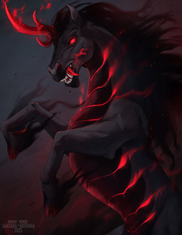 ambiguous_feral ambiguous_gender black_body black_mane empty_eyes fangs feral horn mane markings open_mouth red_eyes red_horn red_markings red_teeth sharp_teeth side_view simple_background smoke solo striped_neck teeth santanahoffman mythology equid equine mammal mythological_creature mythological_equine unicorn absurd_res hi_res