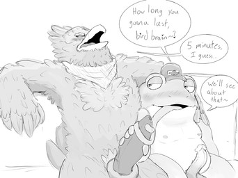 anthro arm_around_partner baseball_cap beak belt belt_buckle blush bottomwear buckle clothing dialogue duo erection feather_hands feathers fellatio hat headgear headwear heart_eyes heart_symbol kerchief larger_anthro larger_male leaning leaning_backward licking looking_at_another male male/male male_anthro neckerchief neckwear nipples oral overweight overweight_anthro overweight_male pants penile sex shirtless_anthro shirtless_male sitting size_difference smaller_anthro smaller_male speech_bubble text tongue touching_another friedpeep nintendo star_fox star_fox_(2026) falco_lombardi slippy_toad amphibian avian bird frog digital_media_(artwork) english_text greyscale hi_res monochrome