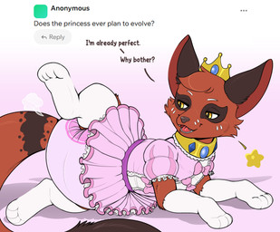 ageplay ambiguous_feral ambiguous_gender big_diaper clothed clothed_feral clothing crown diaper feral fur glistening glistening_eyes headgear infantilism leg_markings markings narrowed_eyes open_mouth open_smile pink_diaper princess red_body red_fur red_tongue roleplay royalty simple_background smile socks_(marking) solo text tongue wearing_diaper yellow_eyes bunnykisses nintendo pokemon brush_(bunnykisses) canid canine fox generation_8_pokemon mammal nickit pokemon_(species) absurd_res english_text hi_res