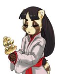 ambiguous_gender anthro asian_clothing bell black_hair black_nose canid canine clothed clothing east_asian_clothing eyebrows eyes_closed facial_markings hair head_markings japanese_clothing kimono long_hair mammal markings polyle raccoon_dog simple_background solo standing tanuki white_background