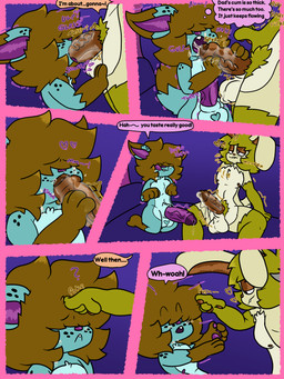age_difference balls blue_body blue_fur bodily_fluids brown_body brown_fur chest_tuft crotch_tuft cum cum_in_mouth cum_inside cum_on_face dialogue ejaculation erection foreskin freckled_ears freckled_face freckled_shoulders freckles fur genital_fluids genitals glistening_eyelids heart_symbol kissing_penis_tip licking licking_lips licking_own_lips male male/male motion_lines nipples nude orgasm penis pubes size_difference tear_trough text tongue tongue_out tuft yellow_body yellow_fur chibitay biscuit_(chibitay) muffin_(chibitay) hybrid translop translynx 3:4 absurd_res comic english_text hi_res father_(lore) father_and_child_(lore) father_and_son_(lore) incest_(lore) parent_(lore) parent_and_child_(lore) parent_and_son_(lore) son_(lore)