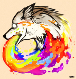 ambiguous_gender black_nose cheek_tuft ears_back empty_eyes facial_tuft fangs feral fur grey_body grey_fur neck_tuft open_mouth pivoted_ears rainbow side_view simple_background solo tan_background teeth text tuft white_body white_fur unknowhiter 2015 artist_name