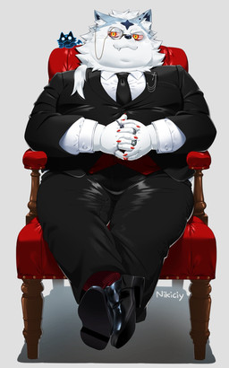 accessory anthro belly chair clothing colored_nails cute_fangs eyewear fangs fur furniture male monocle nails necktie overweight ring simple_background sitting smile smirk solo suit teeth toony white_body white_fur nikiciy valkia_(nikiciy) canid canine canis mammal vampire wolf 5:8 detailed hi_res