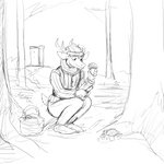 1:1 anthro antlers basket biped black_and_white bottomwear clothed clothing container crouching deer deer_prince food forest fungus hi_res hladilnik holding_object horn knife male mammal monochrome mushroom outside plant simple_background sketch solo topwear tree white_background