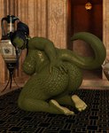 anthro big_butt butt colored_nails feet female gold_tattoo lamp lipstick makeup nails overweight solo vase bbdworks crocodilian reptile scalie 3d_(artwork) absurd_res daz_studio_(artwork) digital_media_(artwork) hi_res