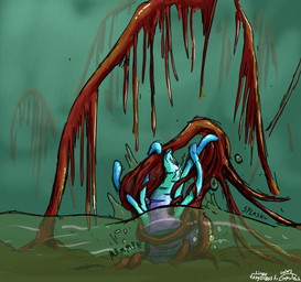 ambiguous_gender antennae_(anatomy) anthro anthro_prey back_tentacles biped blue_body blue_markings dipstick_tail dipstick_tentacles markings plant_vore purple_body striped_markings stripes swamp tail tail_markings tentacles vore water whiskers conditional_dnp foxyoreos gyrotech rain_world videocult yoku_(gyrotech) monster_kelp_(rain_world) slugcat hi_res