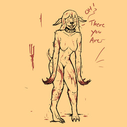 anthro black_nose blood bodily_fluids breasts claws collar dialogue ears_down fangs female genitals hunched_over looking_at_viewer natural_breasts nipples nude pivoted_ears pupils small_pupils solo spiked_collar spikes stare talking_to_viewer teeth text vulva wide_eyed holemann mammal mustelid otter vampire 1:1 english_text