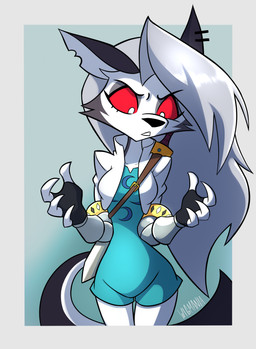anthro clothed clothing ear_piercing female fur hair jacket long_hair piercing red_eyes solo topwear white_body white_fur white_hair wigmania hellaverse helluva_boss mythology loona_(helluva_boss) canid canid_demon canine canis demon hellhound hybrid mammal mythological_canine mythological_creature wolf absurd_res hi_res