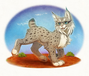 ambiguous_gender black_body black_fur blue_eyes chest_tuft countershading dirt eyewear fangs feet feral fluffy fur glasses grey_body grey_fur open_mouth open_smile outside plant rectangular_glasses shrub simple_background sky smile solo teeth toeless_(marking) tongue tuft walking whiskers white_background white_body white_fur seylyn synx_(synxthelynx) felid feline lynx mammal 2013