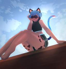 anthro athletic_wear blue_hair bodily_fluids bottomwear bra clothing feet female gym_bottomwear gym_shorts hair legs_together orange_body shorts smile solo sports_bra sweat sweaty_legs underwear luanbang brand_new_animal studio_trigger michiru_kagemori cheetah felid feline humanoid mammal absurd_res hi_res