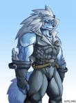 anthro belt biceps clothed clothing fingerless_gloves fur gloves hair handwear male muscular muscular_anthro muscular_male pecs solo wolfmalro cheong_hwan canid canine canis mammal wolf 2015 digital_media_(artwork)