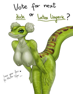 anthro anthrofied bent_over big_breasts breasts female hanging_breasts looking_at_viewer nipples non-mammal_breasts non-mammal_nipples nude simple_background smile solo tail text fjollettigeren dreamworks kung_fu_panda master_viper reptile scalie snake viper digital_media_(artwork) english_text hi_res