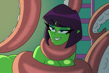 ambiguous_gender bestiality blush blush_lines breasts butt duo eyelashes female female/ambiguous female_focus feral glistening glistening_breasts green_body green_eyes green_skin hair humanoid_focus humanoid_on_feral humanoid_pointy_ears ladder nude nude_female nude_humanoid orange_tentacles pointy_ears purple_hair restrained_arms smile solo_focus suckers tentacle_around_neck tentacle_around_torso tentacles poparc_nsfw hands_up_(joel_g) margo_(hands_up) aquatic cephalopod coleoid humanoid mollusk octopodiform octopus 2024 3:2 hi_res