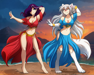 4_toes 5_fingers 5_toes anthro arm_tuft barefoot beach belly_dancer belly_dancer_outfit biped blue_eyes blush bodily_fluids bottomwear breasts claws cleavage closed_smile clothed clothed_anthro clothed_female clothed_human clothed_humanoid clothing cloud dancer_outfit dancing digitigrade duo elbow_tuft eyebrow_through_hair eyebrows eyes_closed feet female female_human female_humanoid finger_claws fingers front_view fur grey_body grey_fur grey_hair grey_tail hair hair_over_eye hand_behind_head hand_in_hair handpaw harem_outfit humanoid_hands loincloth long_hair looking_at_another looking_at_viewer midriff mouth_closed musical_note musical_symbol navel nervous nervous_sweat one_eye_obstructed outside partial_transformation pawpads paws pelvic_curtain plantigrade purple_hair raised_heel red_blush sand skimpy skirt slim slim_female slim_human slim_humanoid smile standing sweat sweatdrop symbol tail toe_claws toes touching_hair translucent translucent_hair tuft water white_body white_fur white_tail conditional_dnp narikusha tom_fischbach twokinds maren_taverndatter raine_silverlock animal_humanoid canid canid_humanoid canine canine_humanoid human humanoid keidran mammal mammal_humanoid wolf_humanoid 2025 digital_media_(artwork) hi_res