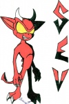 claws horn looking_at_viewer male red_body red_skin sharp_teeth simple_background smile solo spade_tail standing tail teeth text white_background yellow_eyes hellgoddess sev demon signature