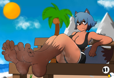 5_toes anthro athletic_wear beach bench bodily_fluids feet female foot_fetish foot_focus humanoid_feet mountain outside plant plantigrade soles solo sweat sweatdrop sweaty_face sweaty_feet sweaty_legs sweaty_thighs toes tree dankbudgie brand_new_animal studio_trigger michiru_kagemori canid canine mammal raccoon_dog tanuki absurd_res hi_res