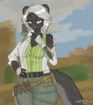 anthro bottomwear breasts clothed clothing detailed_background eyebrow_piercing facial_piercing female fur hair looking_at_viewer piercing solo tail topwear sprrigs- combat_cat_studio wild_assault marquez_(wild_assault) mammal mephitid skunk 2024 digital_media_(artwork) hi_res signature