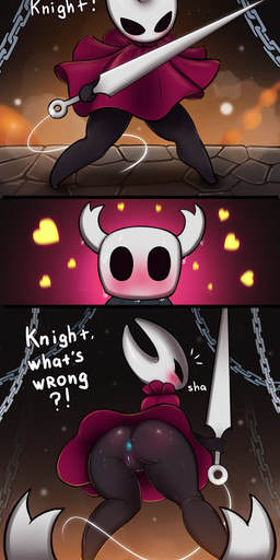 anthro anus biped black_body blush bodily_fluids butt chain clothed clothing dialogue duo female genitals glistening glistening_body heart_symbol holding_melee_weapon holding_object holding_weapon looking_back melee_weapon no_pupils no_underwear red_clothing sweat text thick_thighs vulva weapon white_head zelles hollow_knight_(franchise) team_cherry hornet_(hollow_knight) the_knight_(hollow_knight) arthropod comic english_text hi_res