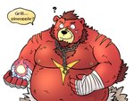 anthro bandage bandaged_arm belly big_belly black_nose humanoid_hands kemono magic male moobs navel nipples overweight overweight_male question_mark red_body scar solo text mtflying30371 bear mammal 2017 4:3 english_text