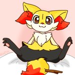 bed bedroom black_body black_fur brown_eyes female feral fur furniture on_bed paws raised_paw simple_background smile smiling_at_viewer solo spread_legs spreading yellow_body yellow_fur whitepaper114 nintendo pokemon braixen generation_6_pokemon pokemon_(species) 1:1 hi_res