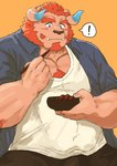 anthro beef blush body_hair bowl chest_hair chopsticks container eating exclamation_point eyebrows food fur horn male meat musclegut muscular pecs pink_body pink_fur solo thick_eyebrows hisbam_hisbam lifewonders tokyo_afterschool_summoners chernobog_(tas) demon hi_res