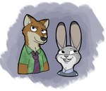 anthro clothing duo ears_up female fur green_clothing grey_background grey_body grey_fur male necktie red_body red_fur simple_background anothercolouranon disney zootopia judy_hopps nick_wilde canid canine fox lagomorph leporid mammal rabbit red_fox true_fox