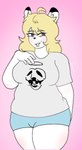 anthro black_nose blonde_hair blue_bottomwear blue_clothing blue_pants bottomwear breasts clothing elderly female fur grey_clothing grey_shirt grey_topwear hair hand_behind_butt hand_on_breast hotpants overweight overweight_anthro overweight_female pants pink_background shirt shorts simple_background smile solo thick_thighs topwear white_body white_fur yabujin_(singer) unknown_artist maude_moller felid lion mammal pantherine absurd_res hi_res