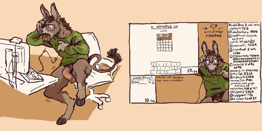 abstract_background animal_genitalia animal_penis anthro balls biped bottomless chat clothed clothing computer electronics flaccid genitals humor livestream male partially_clothed penis simple_background solo sweater text topwear yelling furvidd wordle asinus donkey equid equine mammal 2022 digital_drawing_(artwork) digital_media_(artwork) english_text hi_res