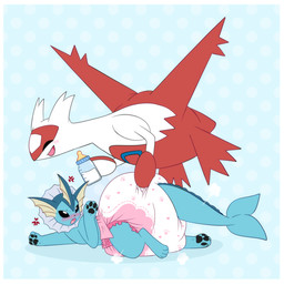 3_fingers 4_fingers 4_toes ambiguous_gender baby_bottle back_wings big_diaper black_nose black_pawpads blue_background blue_body blue_tail blush blush_lines border claws clean_diaper clothed clothing cloud_emanata cross-popping_vein diaper diaper_only diaper_puff dotted_background duo emanata eyes_closed facial_markings feet feral finger_claws fingers floating hand_on_diaper head_markings heart_symbol huge_diaper lying markings multicolored_body on_front one_eye_obstructed open_mouth open_smile pattern_background pawpads red_body simple_background smile tail toes topless touching_diaper two_tone_body wearing_diaper white_body white_border wings jupiters nintendo pokemon eeveelution generation_1_pokemon generation_3_pokemon latias legendary_pokemon pokemon_(species) vaporeon hi_res