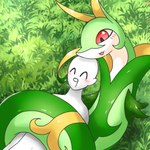 ambiguous_gender blush bodily_fluids coiling drooling duo feral grass plant red_eyes saliva p1sse1 nintendo pokemon generation_5_pokemon human mammal pokemon_(species) reptile scalie serperior snake 1:1 hi_res