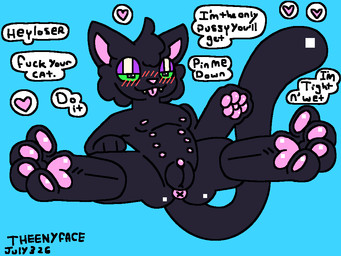 anus bedroom_eyes bestiality_temptation black_body black_fur blep blush cute_fangs dialogue fangs female feral fur genitals green_eyes looking_at_viewer lying multi_nipple narrowed_eyes nipples pawpads seductive solo talking_to_viewer teeth tongue tongue_out vulva x_anus theenyface little_kitty_big_city little_kitty_(lkbc) domestic_cat felid feline felis mammal